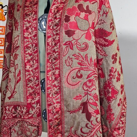 Woman's red/brick red cottagecore autumn floral reversable fringe shawl wrap OS - Picture 7 of 9